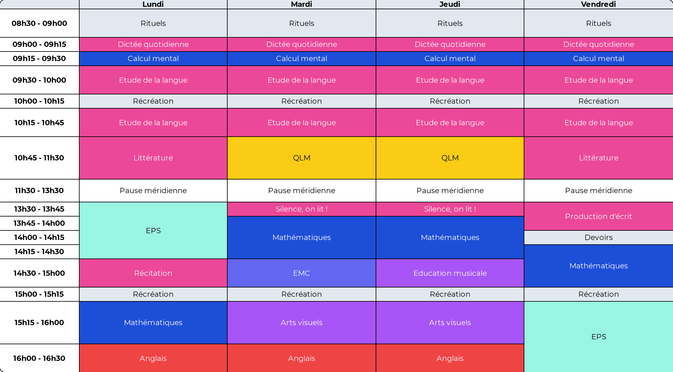 Emploi Du Temps CE2 Sur 4 Jours - Cycle 2 - Teetsh