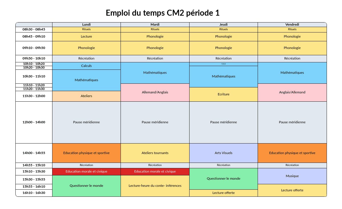 Exemple emploi du temps simple niveau CM2